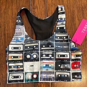 Terez Mix Tapes Cassette Hi Shine Sports Bra Tank Top XS 80s Retro Racerback